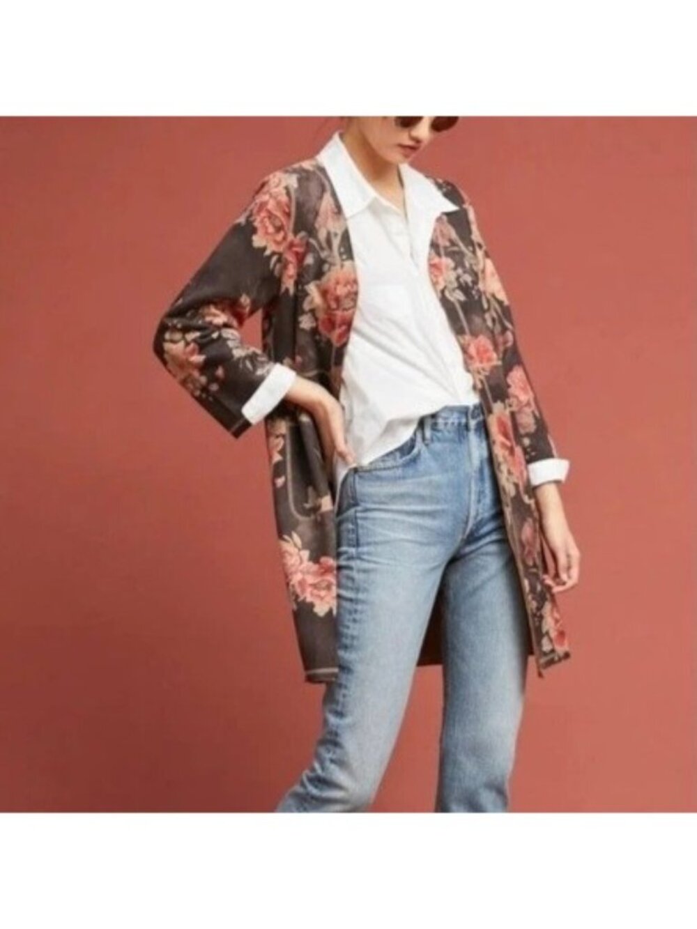 Solitaire Size XL Multicolor Floral Faux Suede Open Front Long Cardigan Jacket